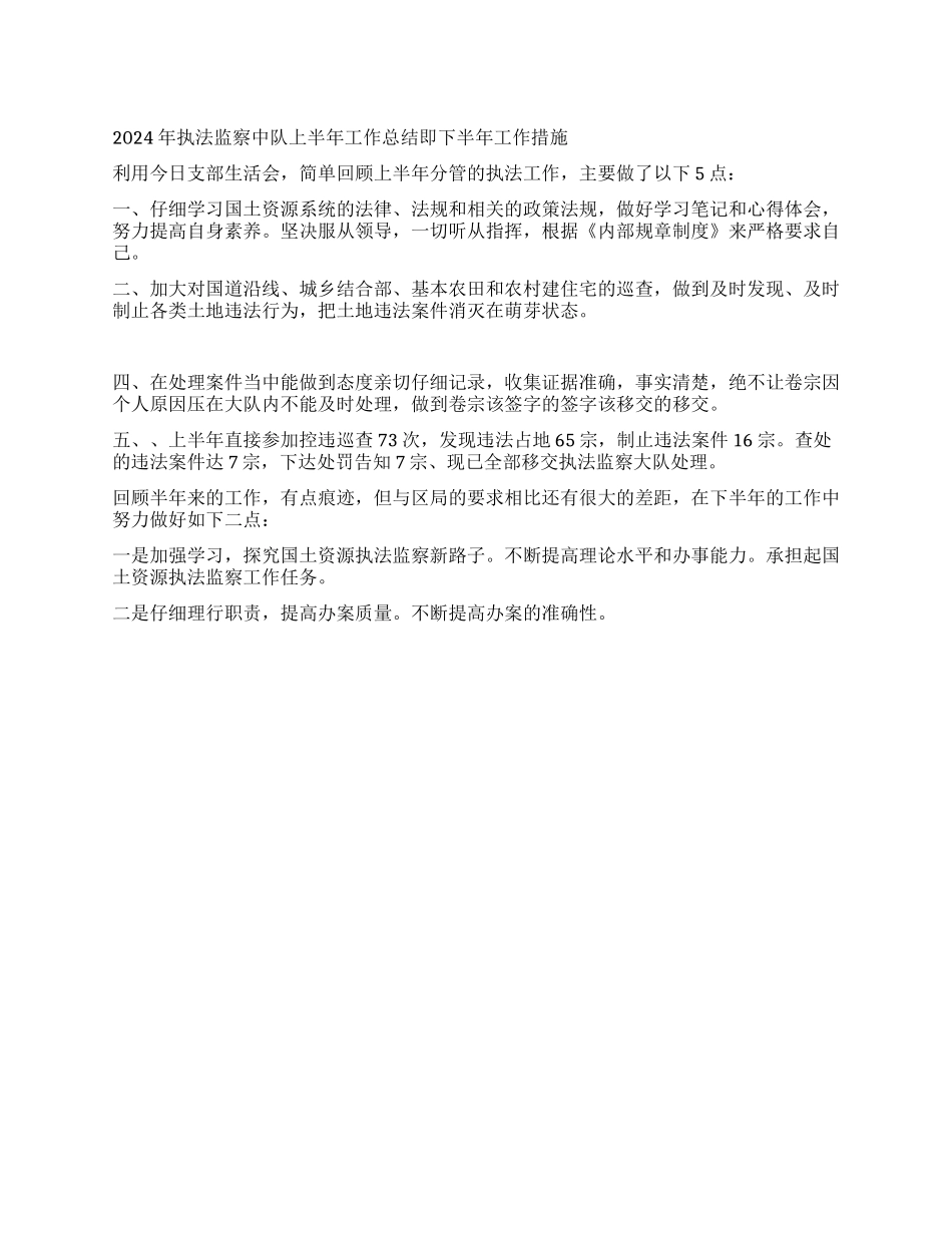 2024年执法监察中队上半年工作总结即下半年工作措施_第1页