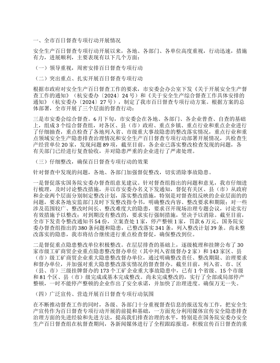 2024年某市安全生产百日督查专项行动总结_第1页