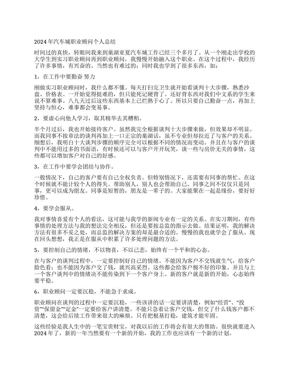 2024年汽车城职业顾问个人总结_第1页