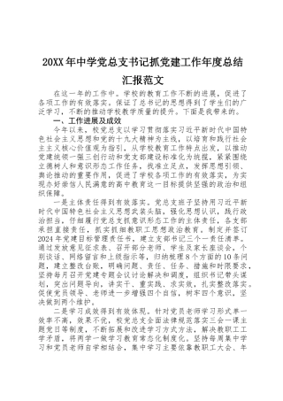 20XX年中学党总支书记抓党建工作年度总结汇报范文