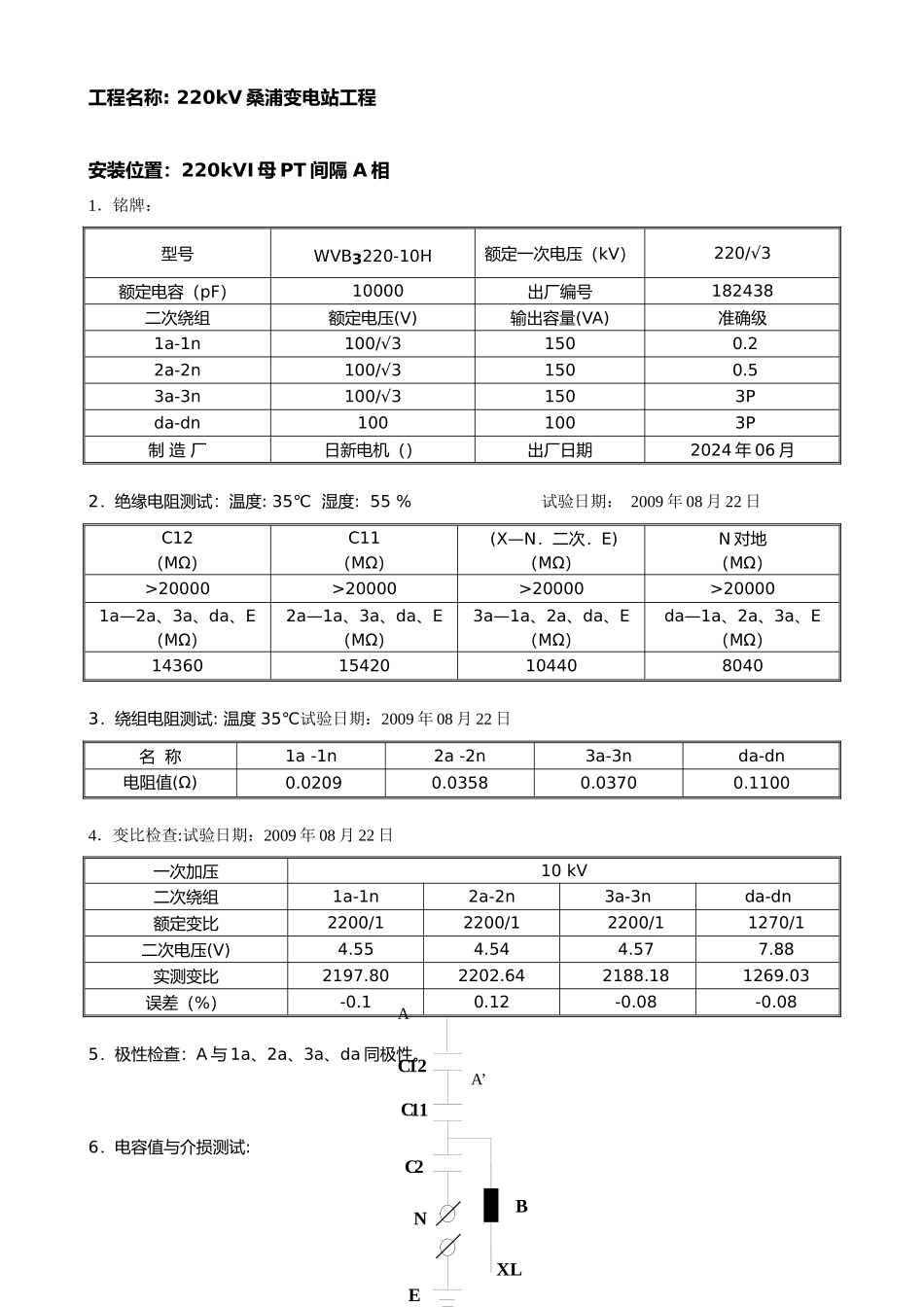 220kV电容式电压互感器交接试验报告_第1页