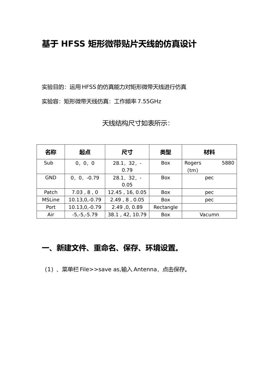 hfss矩形微带贴片天线的仿真设计报告_第1页