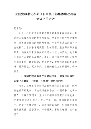 法院党组书记在新任职中层干部集体廉政谈话会议上的讲话