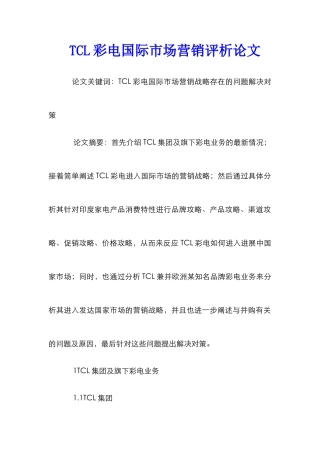 TCL彩电国际市场营销评析论文