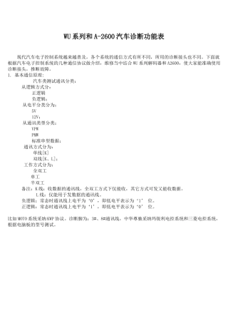WU系列和A2600汽车诊断功能表