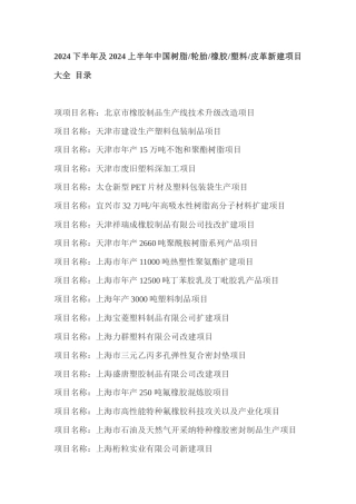 XXXX下半年及XXXX上半年中国树脂轮胎橡胶塑料皮革新建项目大全