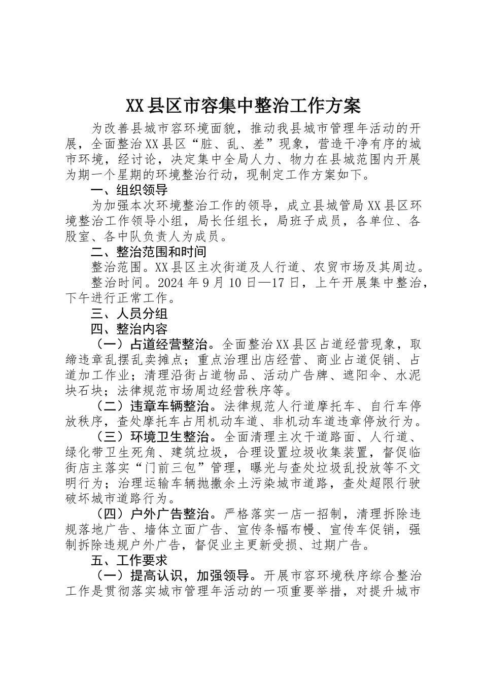 XX县区市容集中整治工作方案_第1页