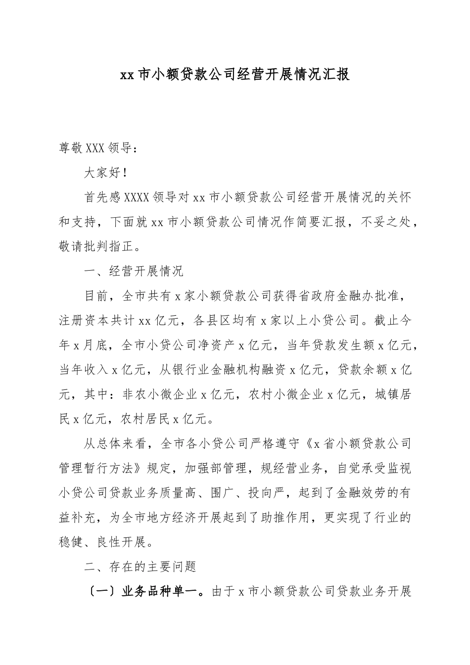 XX市小额贷款公司经营发展情况汇报_第1页