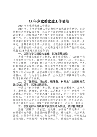 XX年乡党委党建工作总结