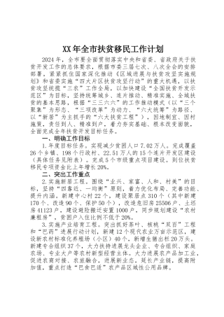 XX年全市扶贫移民工作计划