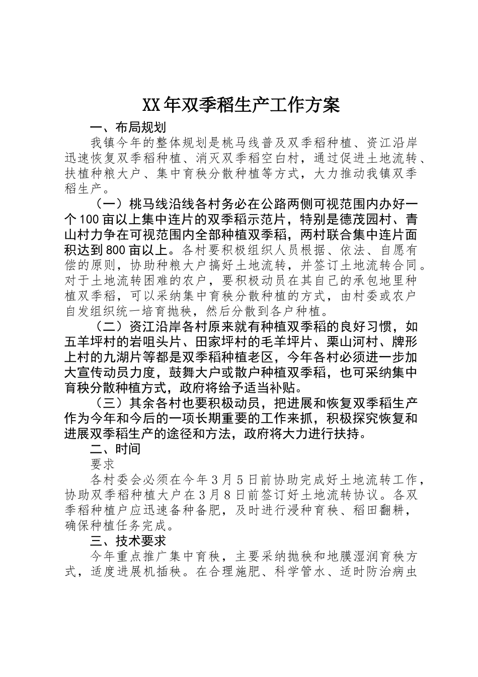 XX年双季稻生产工作方案_第1页
