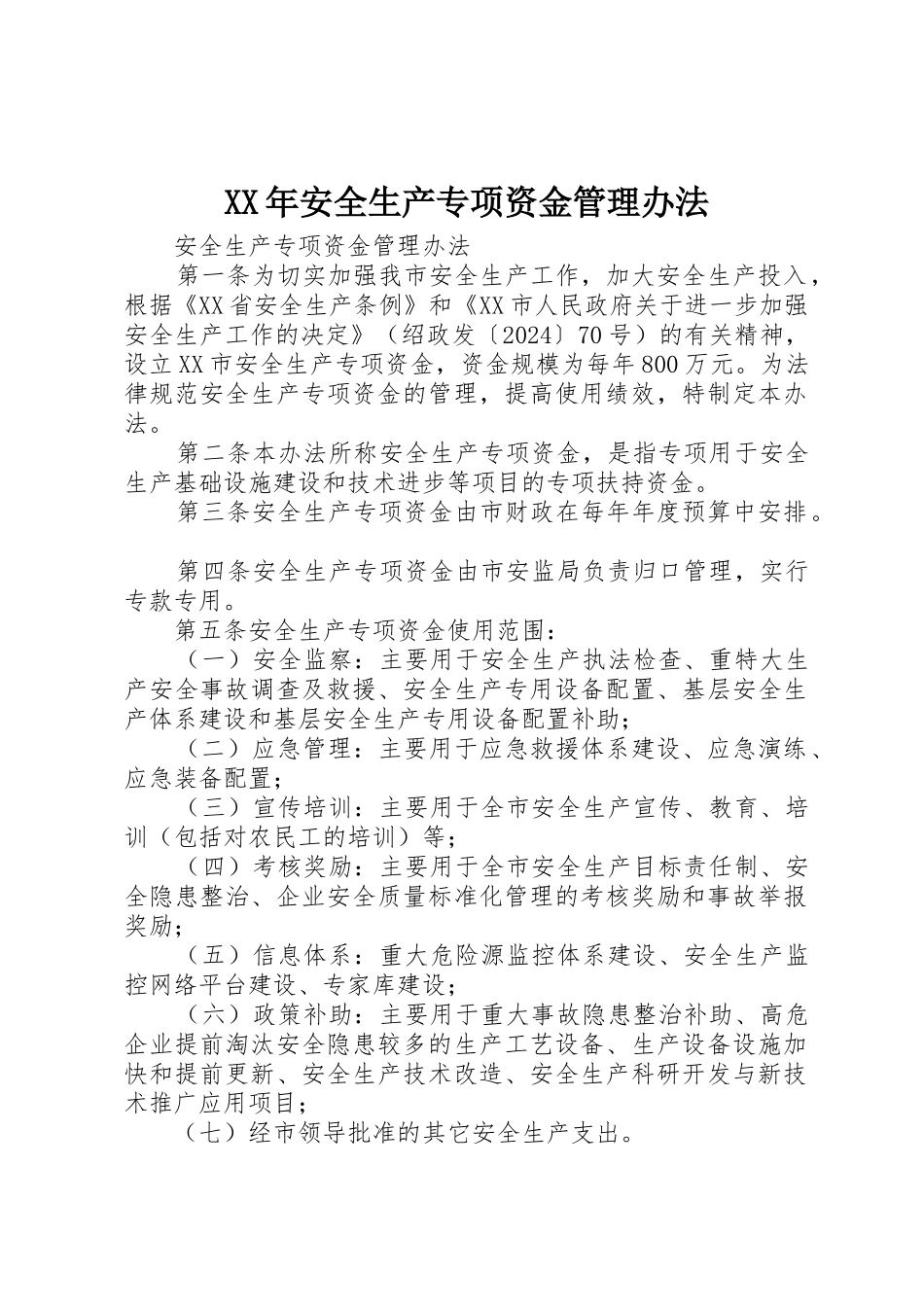 XX年安全生产专项资金管理办法_第1页