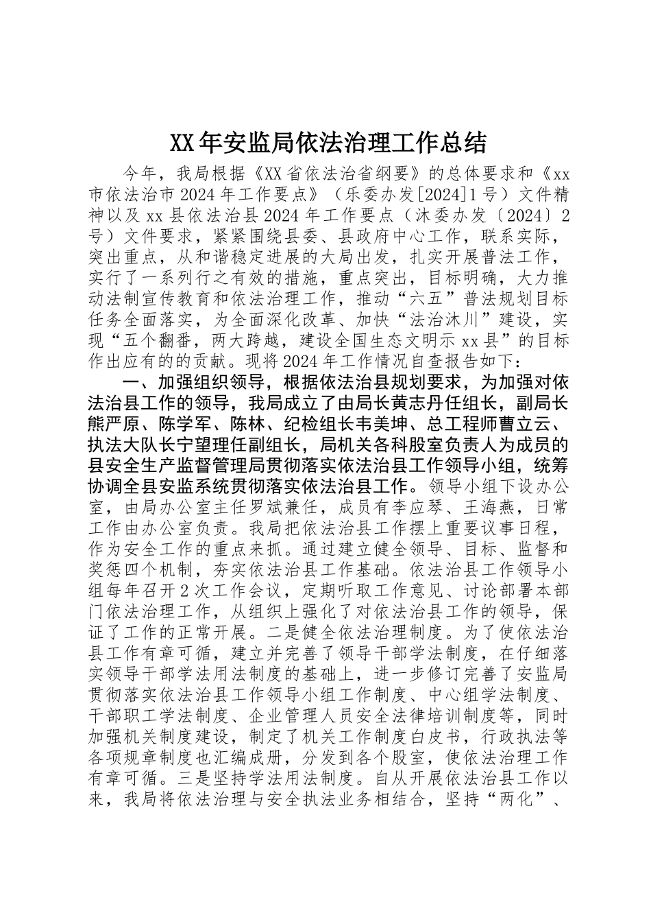 XX年安监局依法治理工作总结_第1页