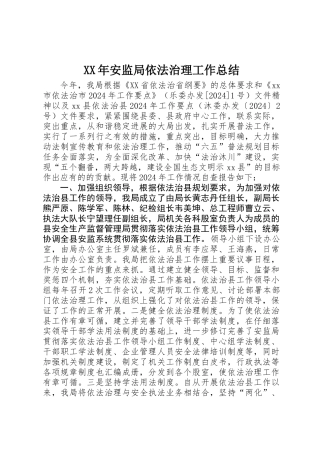 XX年安监局依法治理工作总结