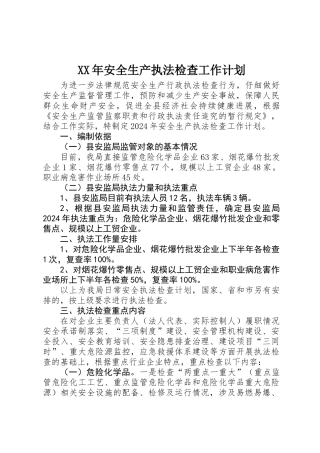 XX年安全生产执法检查工作计划