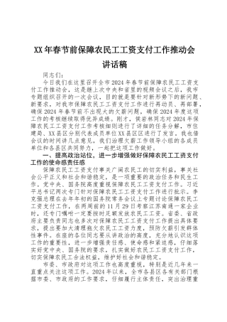 XX年春节前保障农民工工资支付工作推进会讲话稿
