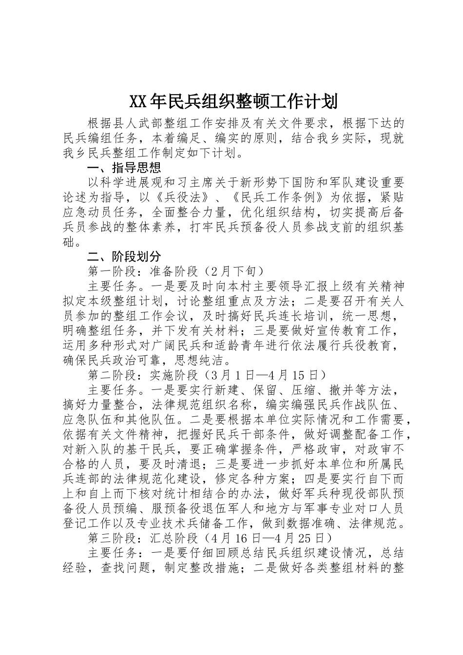 XX年民兵组织整顿工作计划_第1页