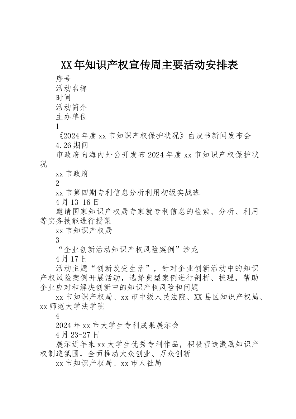XX年知识产权宣传周主要活动安排表_第1页