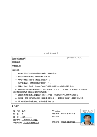 YBC创业基金申请表范本