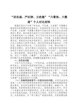 “讲忠诚、严纪律、立政德”“六聚焦、六整肃”个人对照材料