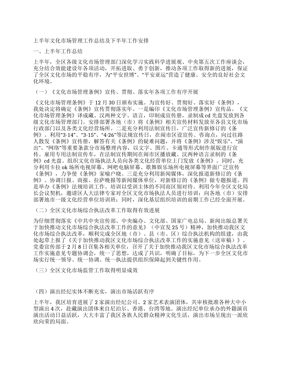 上半年文化市场管理工作总结及下半年工作安排_第1页