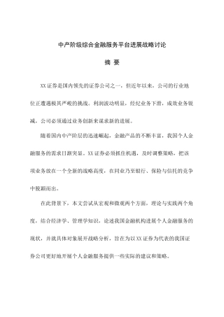 中产阶级综合金融平台发展战略研究