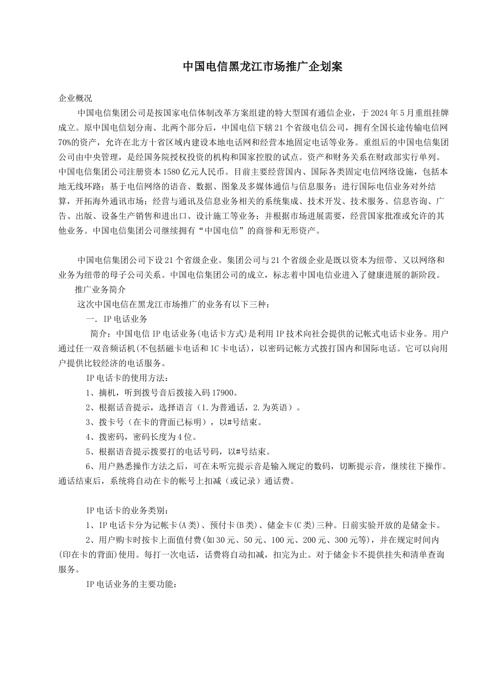 中国电信黑龙江市场推广企划案_第1页