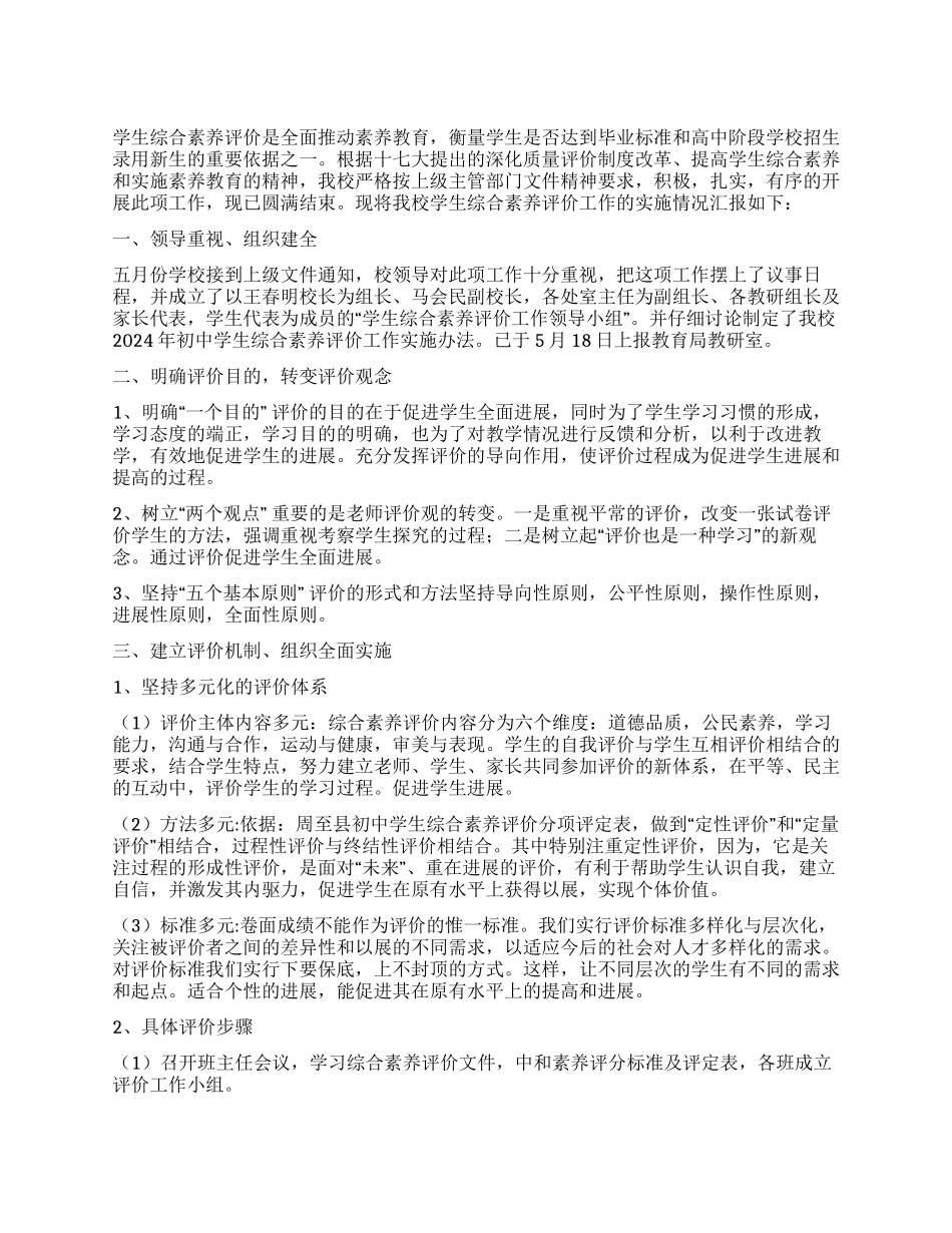中学学生综合素质评价工作总结_第1页