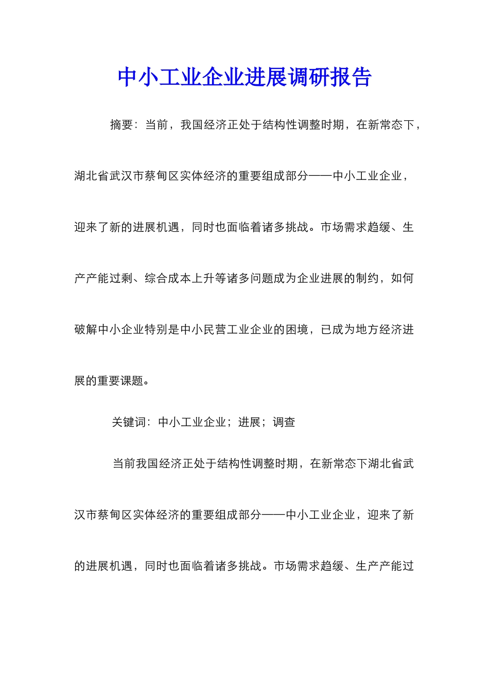 中小工业企业发展调研报告_第1页