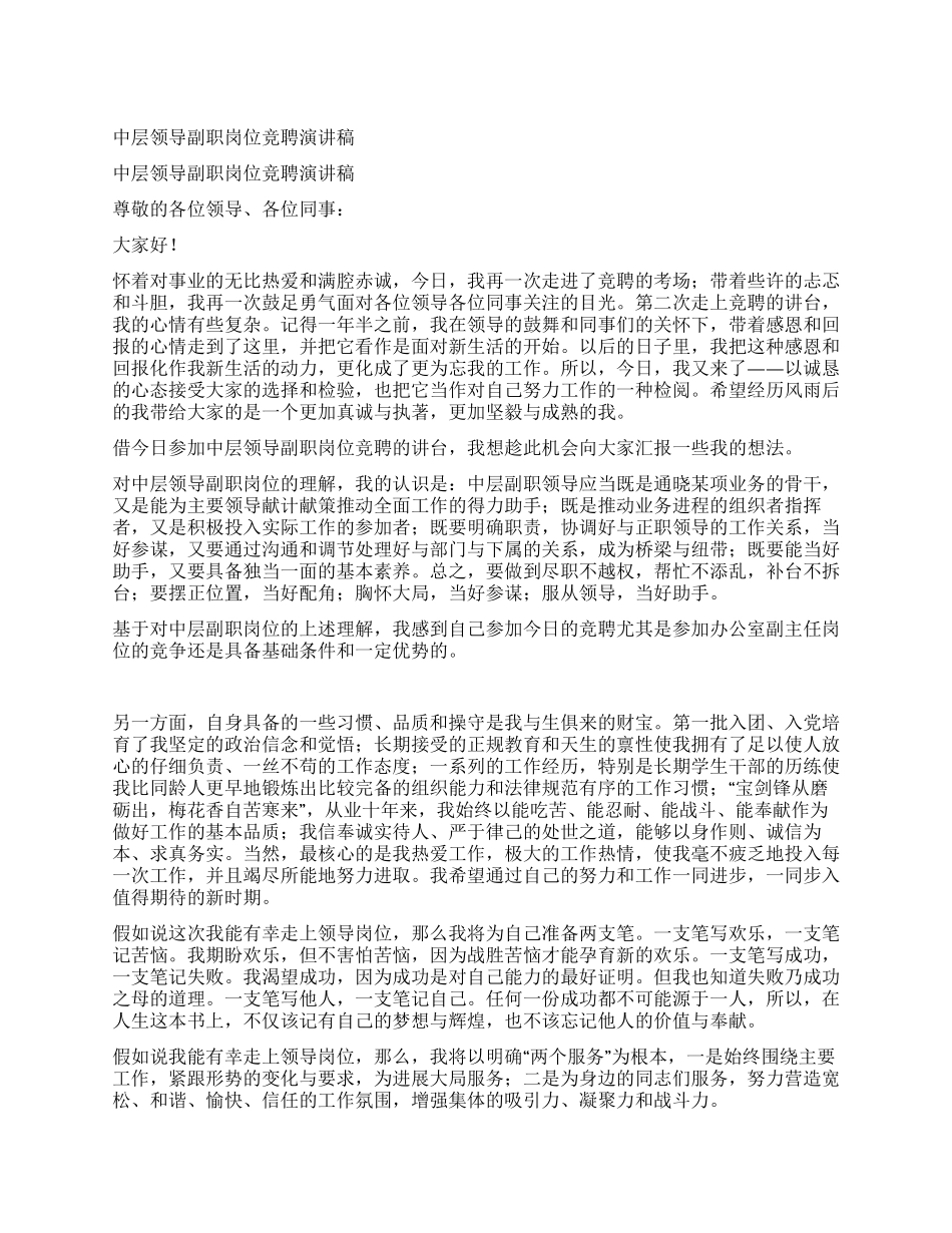 中层领导副职岗位竞聘演讲稿_第1页