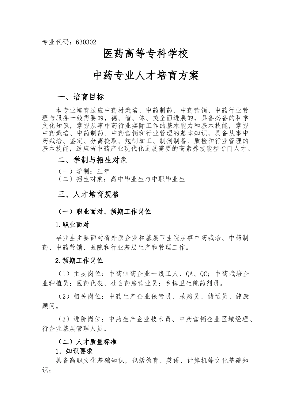 中药专业人才培养方案_第1页