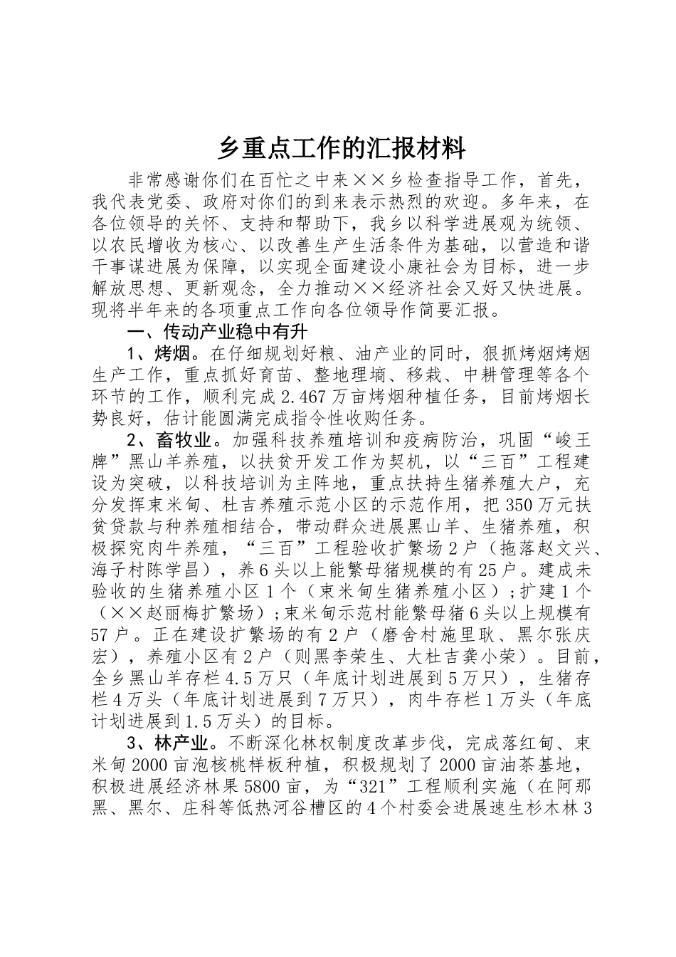 乡重点工作的汇报材料_第1页