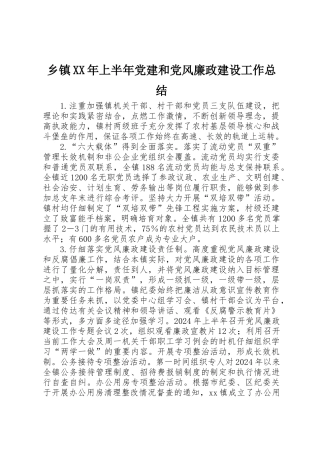 乡镇XX年上半年党建和党风廉政建设工作总结