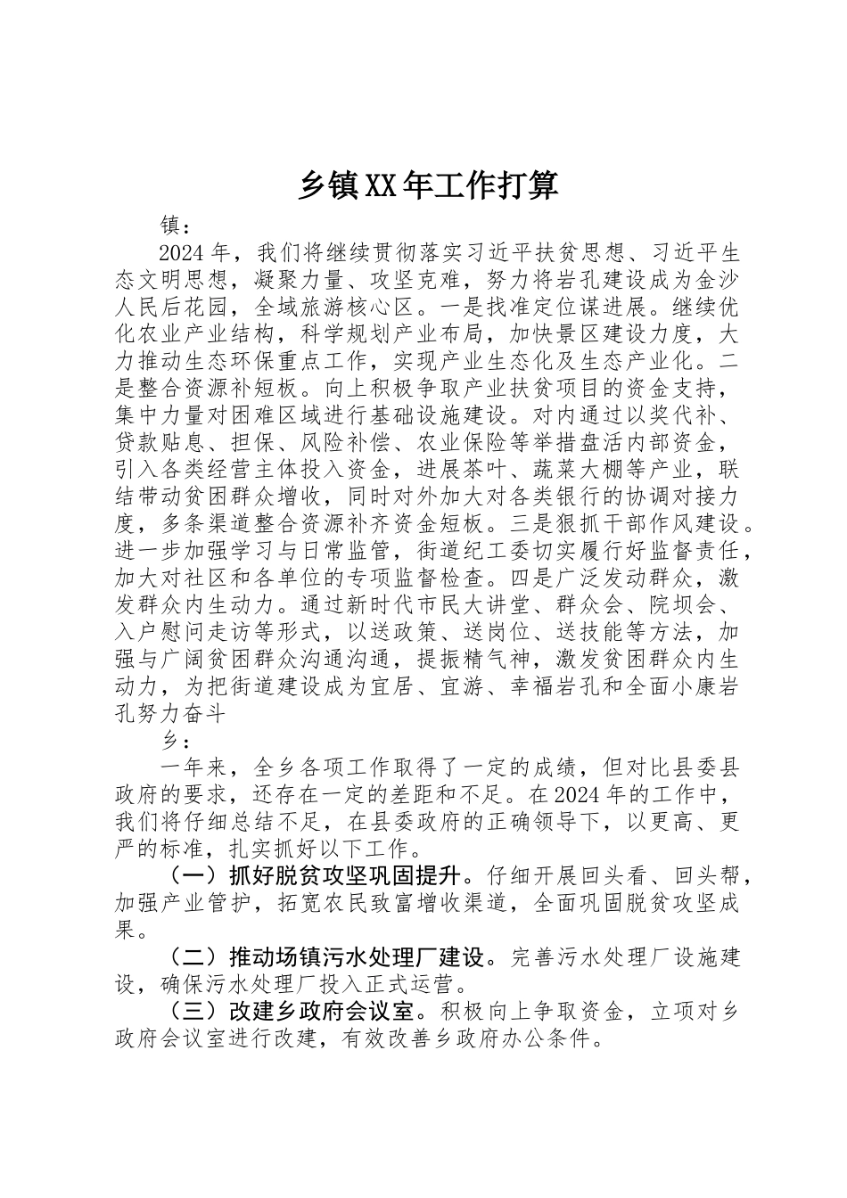 乡镇XX年工作打算 _第1页
