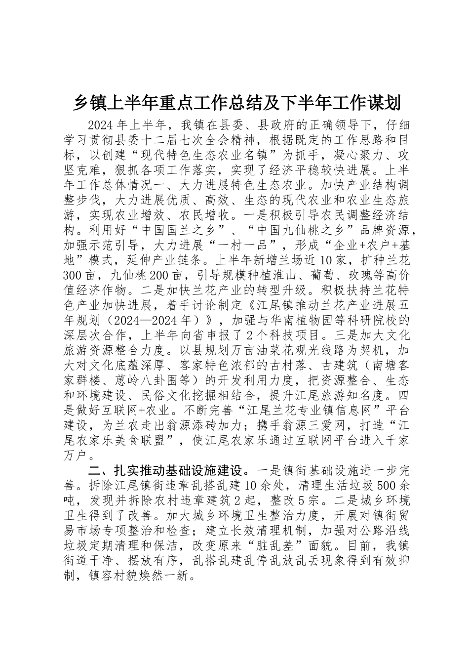 乡镇上半年重点工作总结及下半年工作谋划_第1页