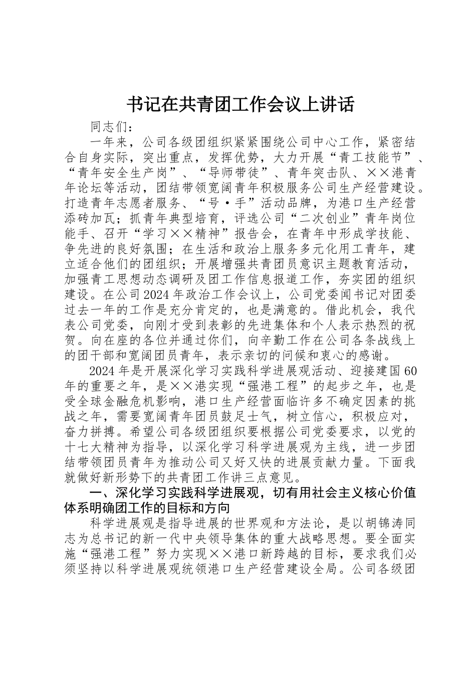 书记在共青团工作会议上讲话_第1页