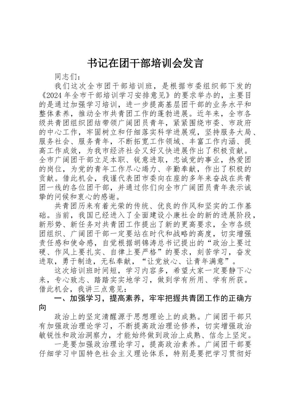 书记在团干部培训会发言_第1页