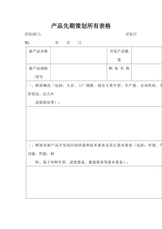产品先期策划所有表格-