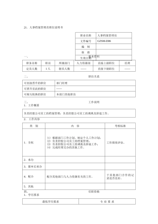 人事档案管理员职位说明书（DOC 2页）