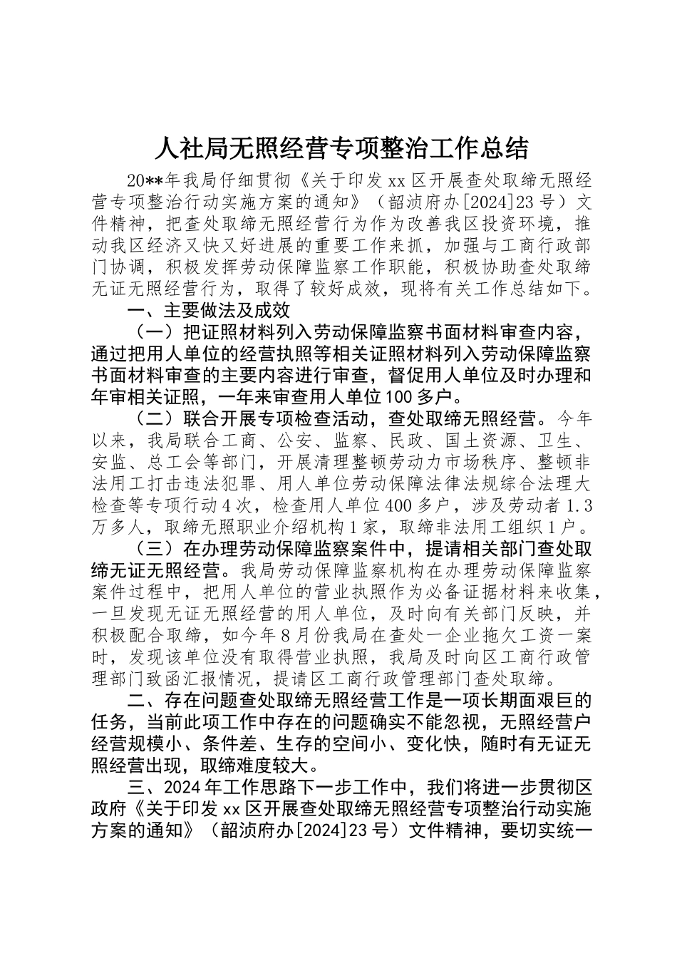 人社局无照经营专项整治工作总结_第1页