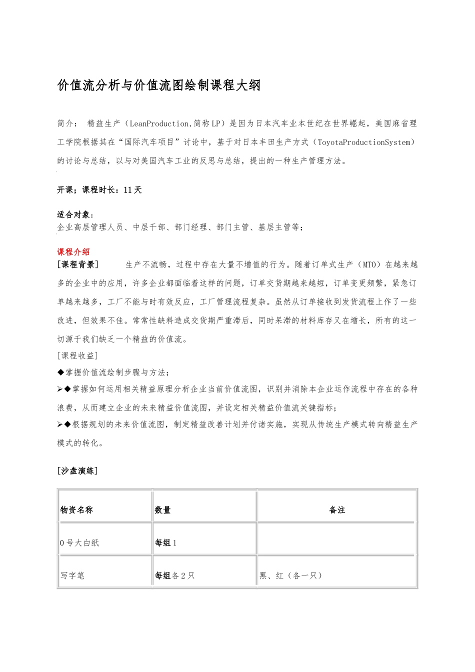 价值流分析与价值流图绘制课程大纲_第1页