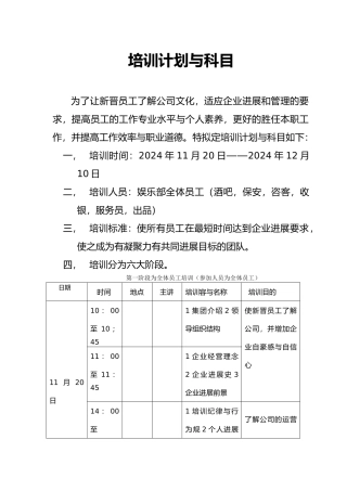 企业新晋员工培训计划与科目