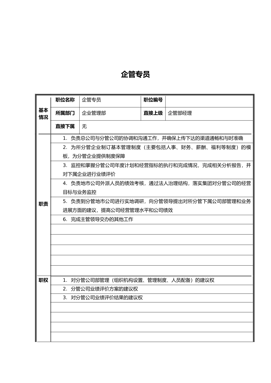 企业管理部企管专员、内勤等岗位描述_第1页