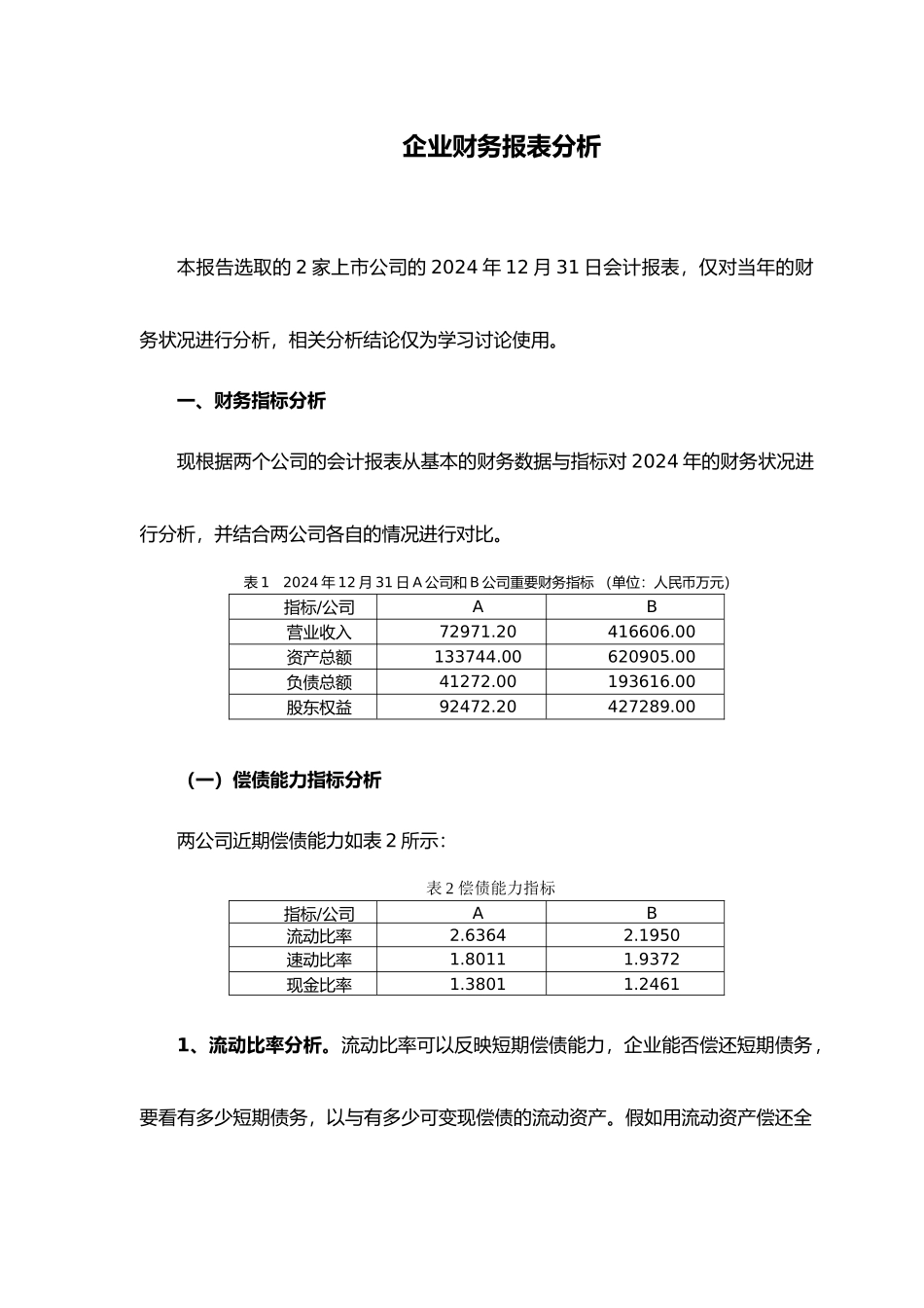 企业财务报表分析范例_两公司对比分析_第1页
