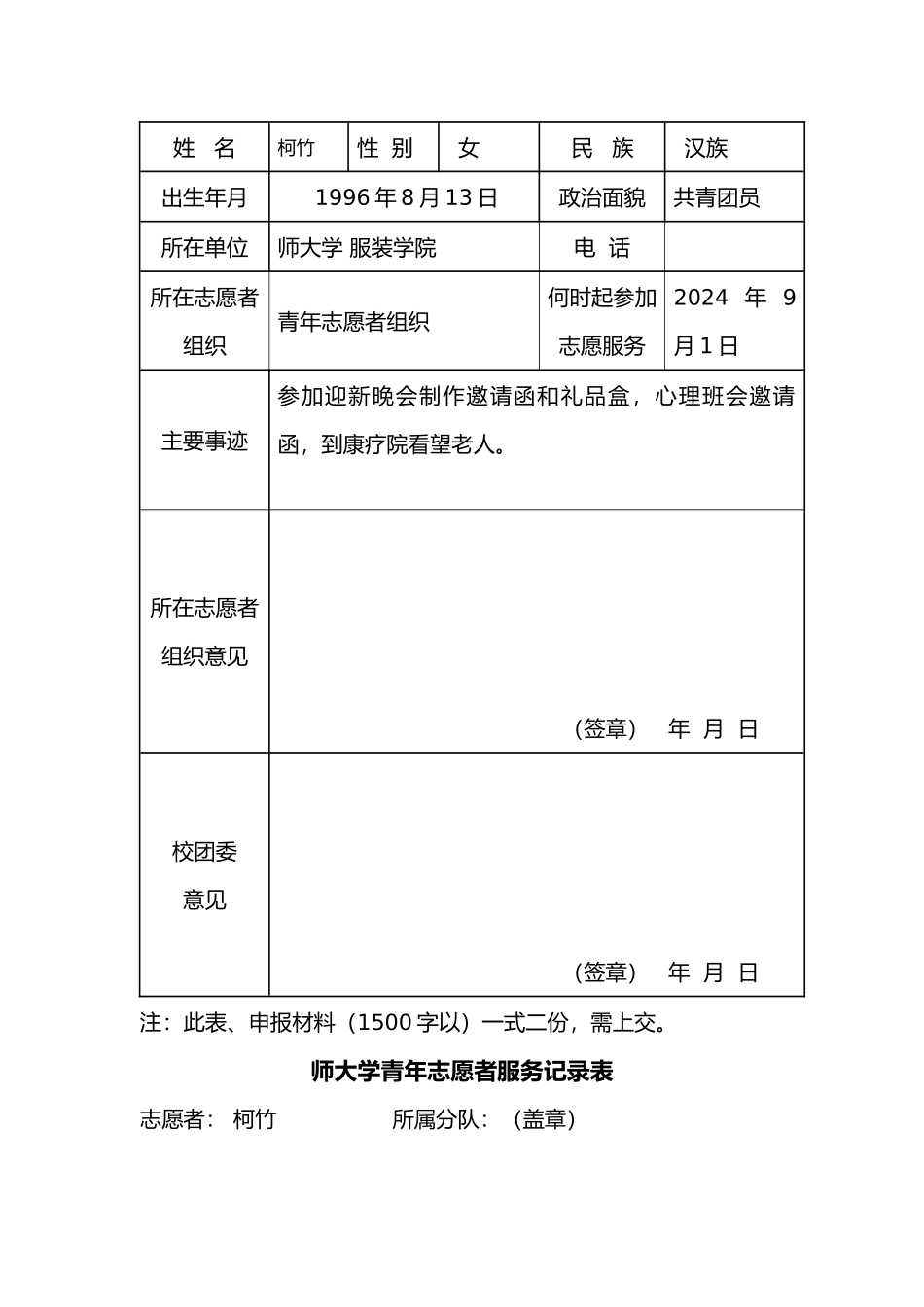 优秀个人优秀志愿者申请书与表_第2页