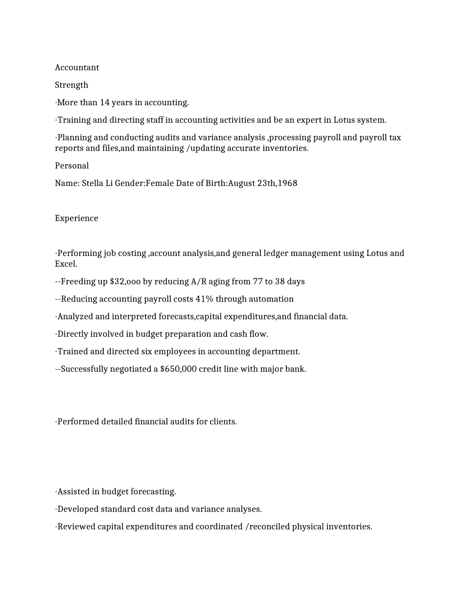 会计职业英文简历范文_第1页