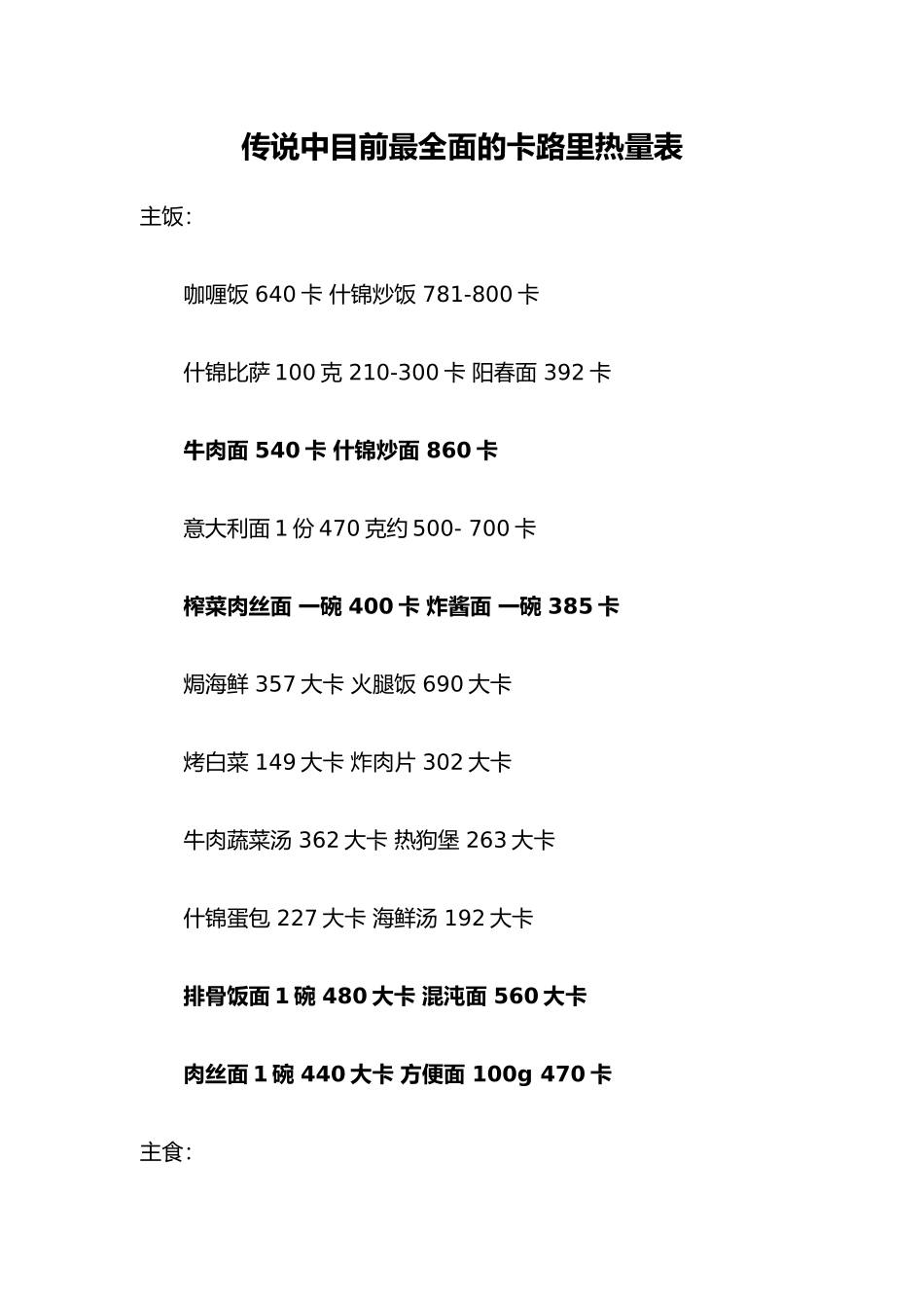 传说中目前最全面的卡路里热量表_第1页