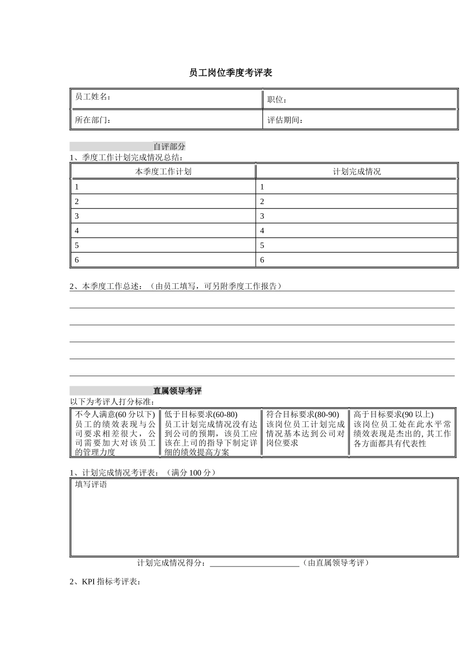 体育用品行业-员工岗位季度考评表_第1页