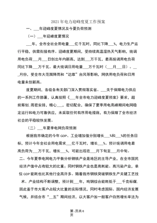 2021年电力迎峰度夏工作预案(范文)
