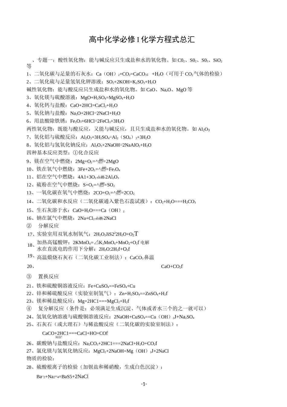 苏教版高中化学必修化学方程式大全_第1页
